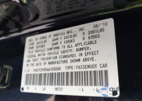 2010 Honda Accord 2.4 Ex-L z USA, uszkodzony, nr VIN 1HGCP2F85AA169204